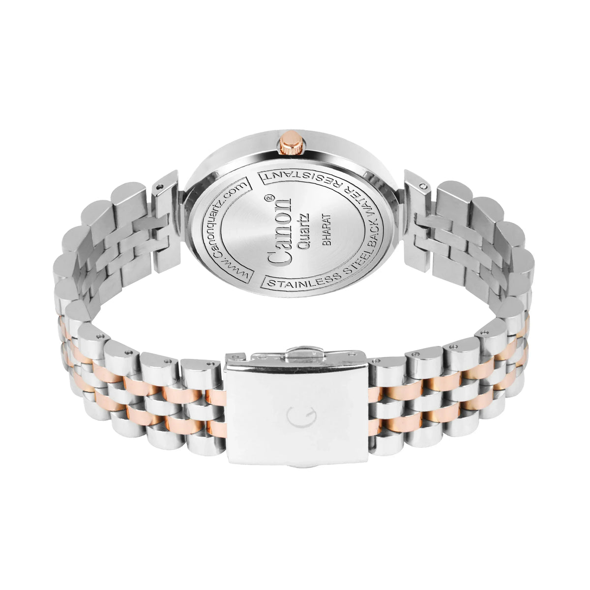 Stainless steel two-tone analog watch with engraved case back and metal link bracelet