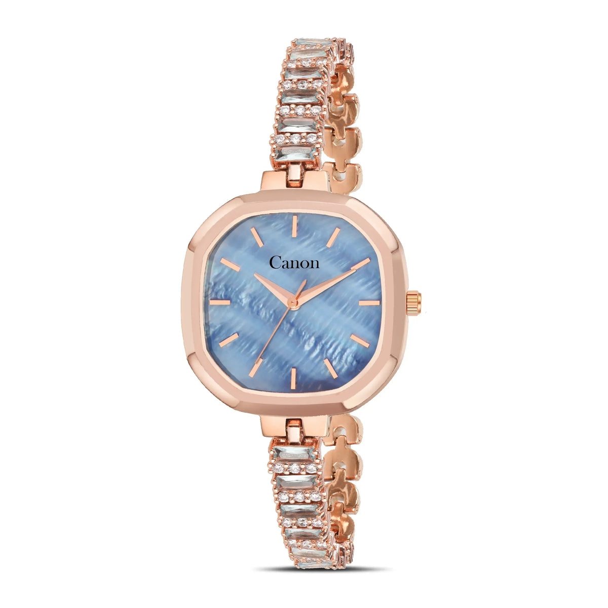 Rose gold women’s analog watch with blue dial and crystal accented bracelet