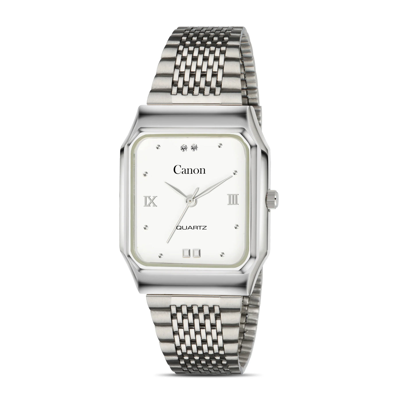 Silver Canon quartz wristwatch with rectangular white dial and metal linked band