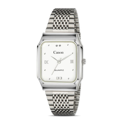 Silver Canon quartz wristwatch with rectangular white dial and metal linked band