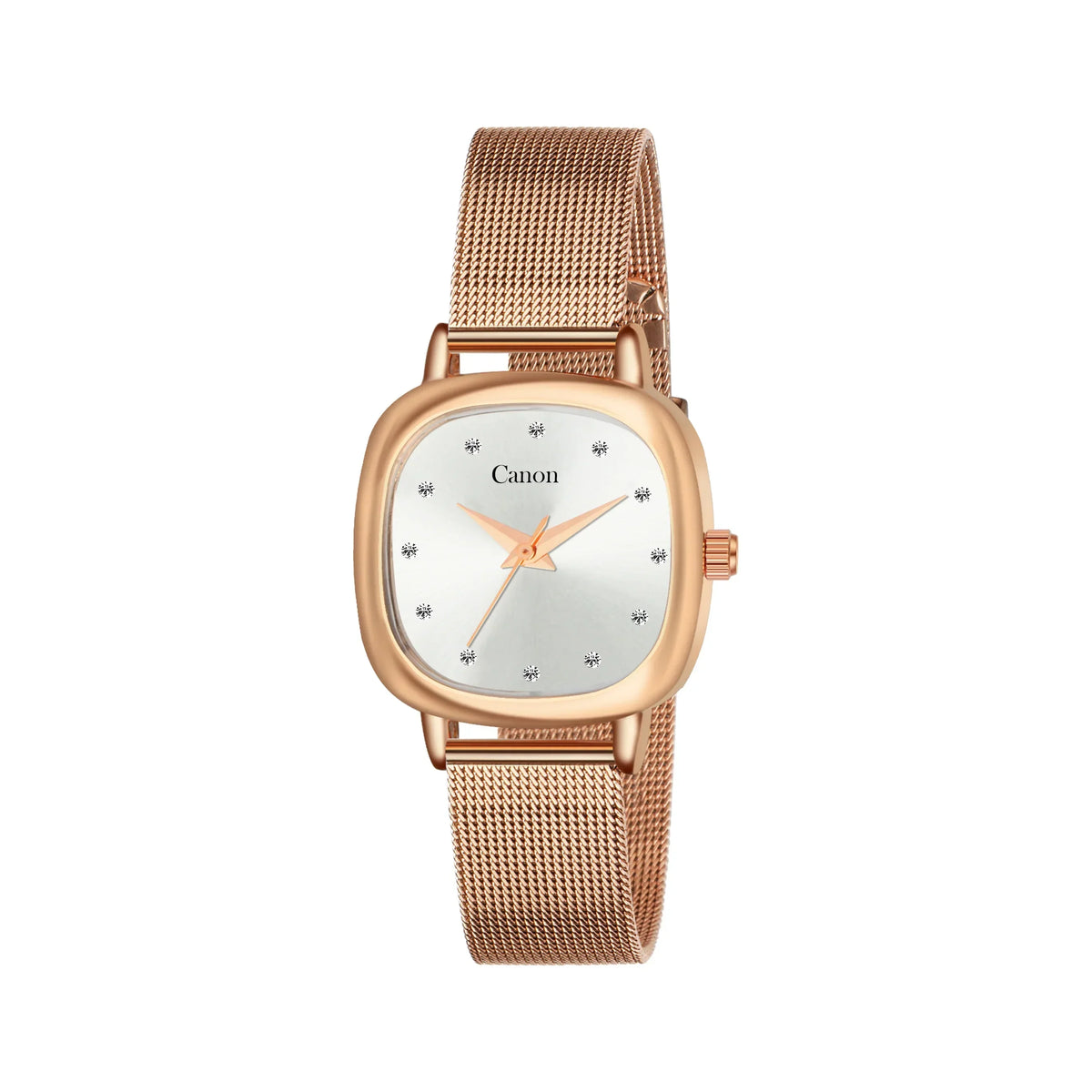 Rose gold square analog watch with mesh band and minimalist dial on white background