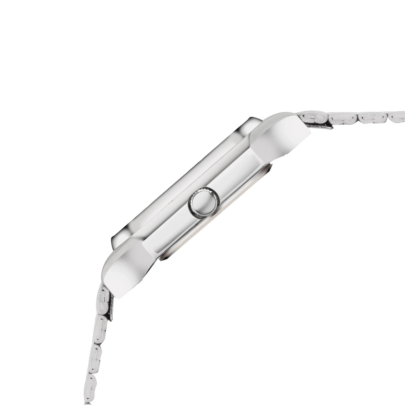 Side view of slim silver metal wristwatch with polished case and linked bracelet