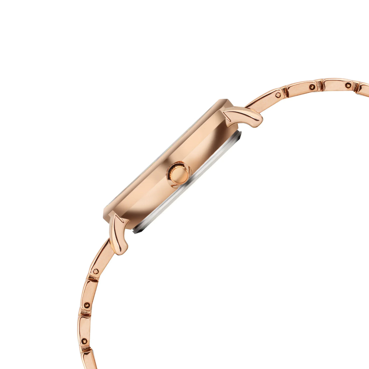 Side view of slim rose gold analog wristwatch with metal link band