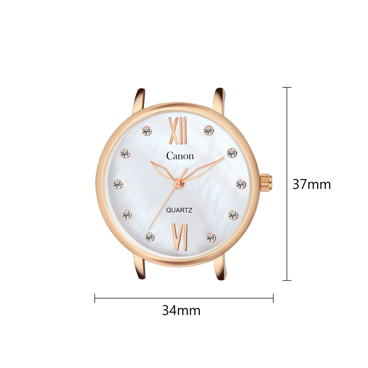 Rose gold analog quartz watch face with crystal markers, 34mm by 37mm dimensions shown