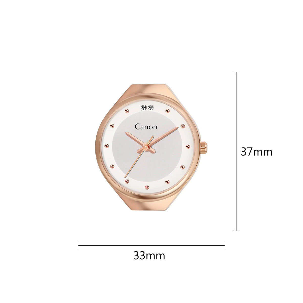 Rose gold analog watch with white dial, crystal markers, 37mm case, Canon branding