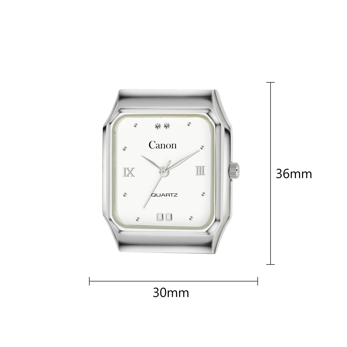 Square Canon quartz watch face with silver frame, Roman numerals, and 30x36mm size markings