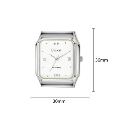 Square Canon quartz watch face with silver frame, Roman numerals, and 30x36mm size markings