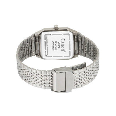 Back view of a stainless steel Canon quartz wristwatch with metal mesh band and clasp