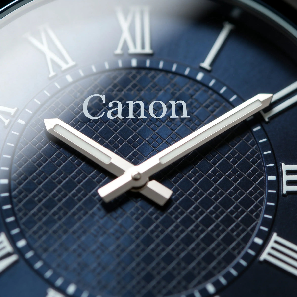 Elegant analog watch with blue textured dial, silver hands, and Roman numerals for timeless style