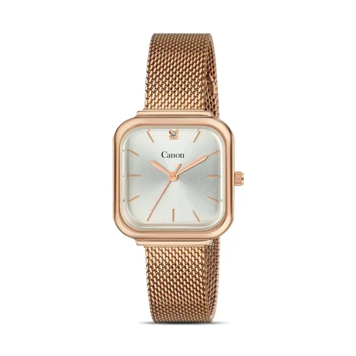 Rose gold analog watch with mesh strap and square face, minimalist dial design