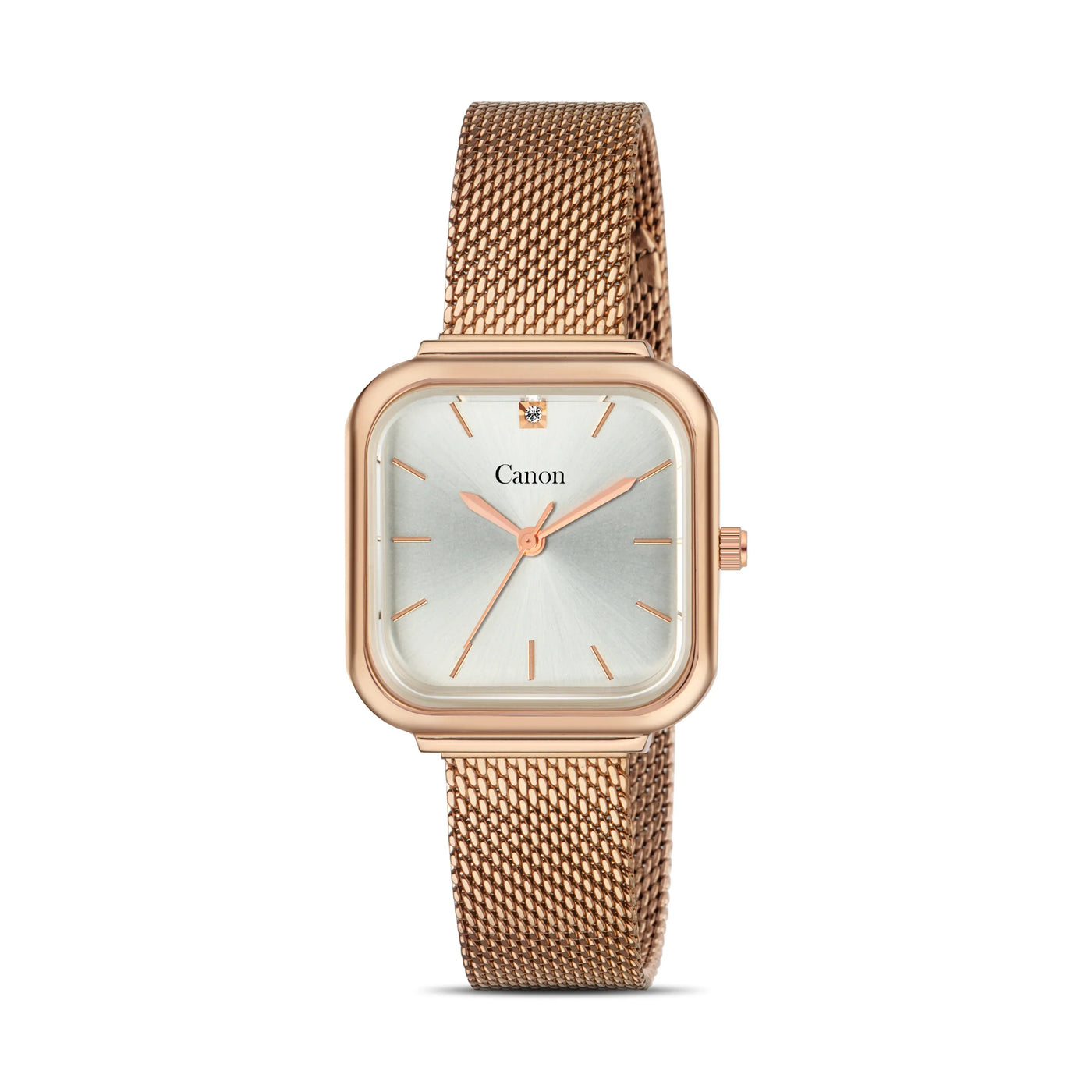 Rose gold square wristwatch with silver dial and mesh band showing Canon brand