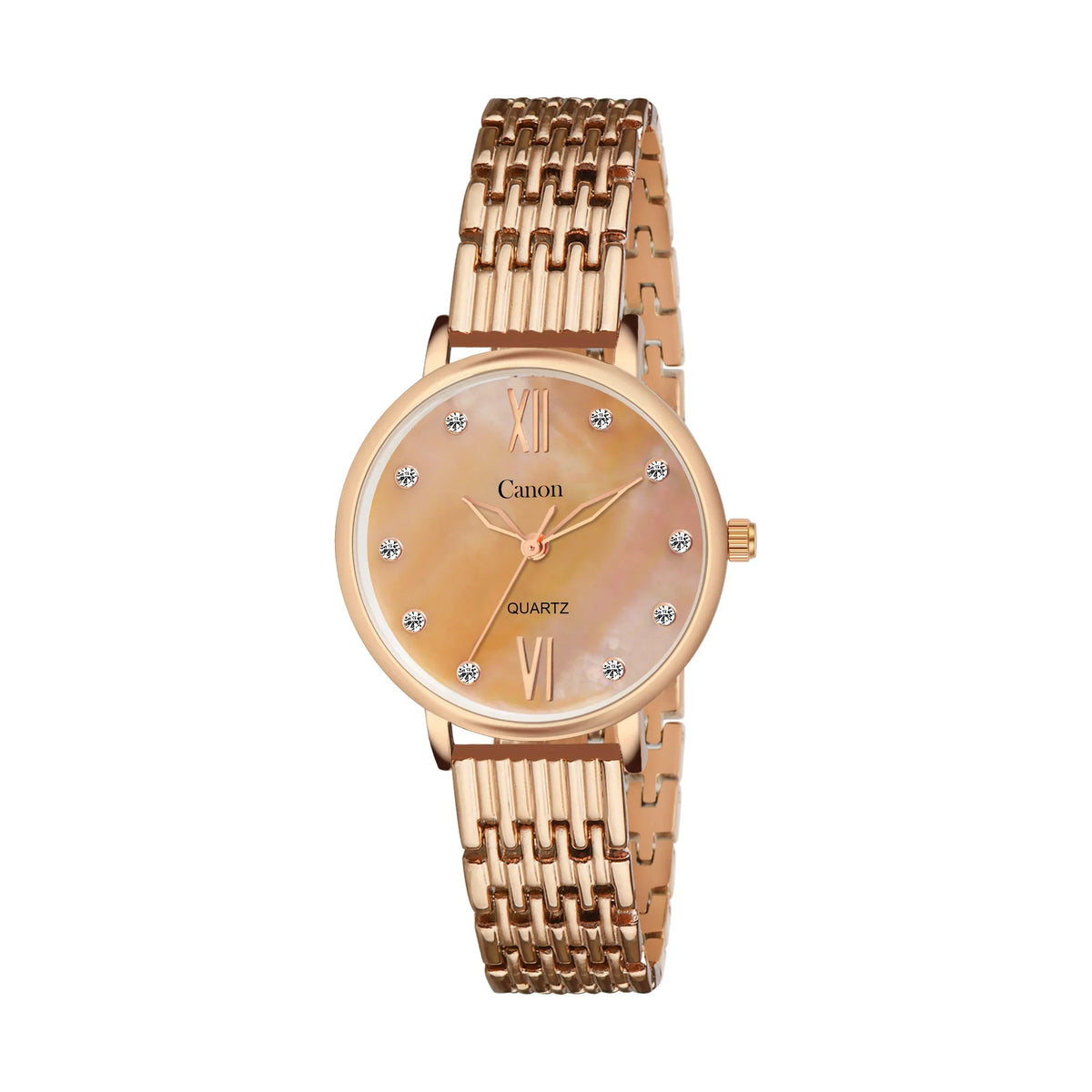 Rose gold analog quartz watch with gemstone hour markers and metal link strap