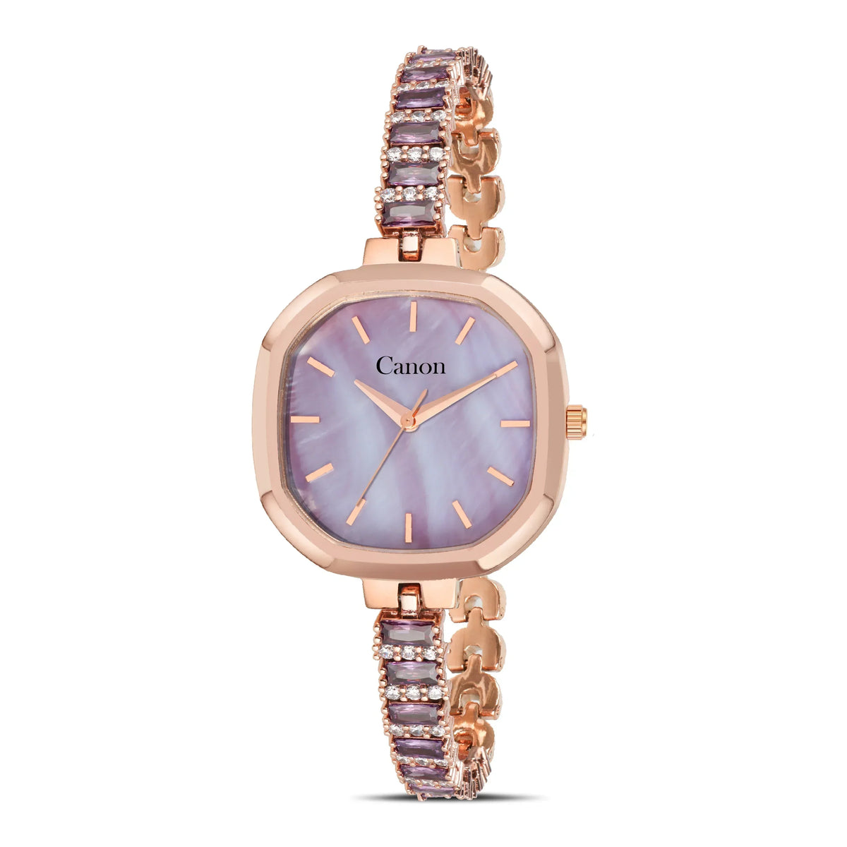 Women's rose gold analog watch with square purple dial and gem-set bracelet