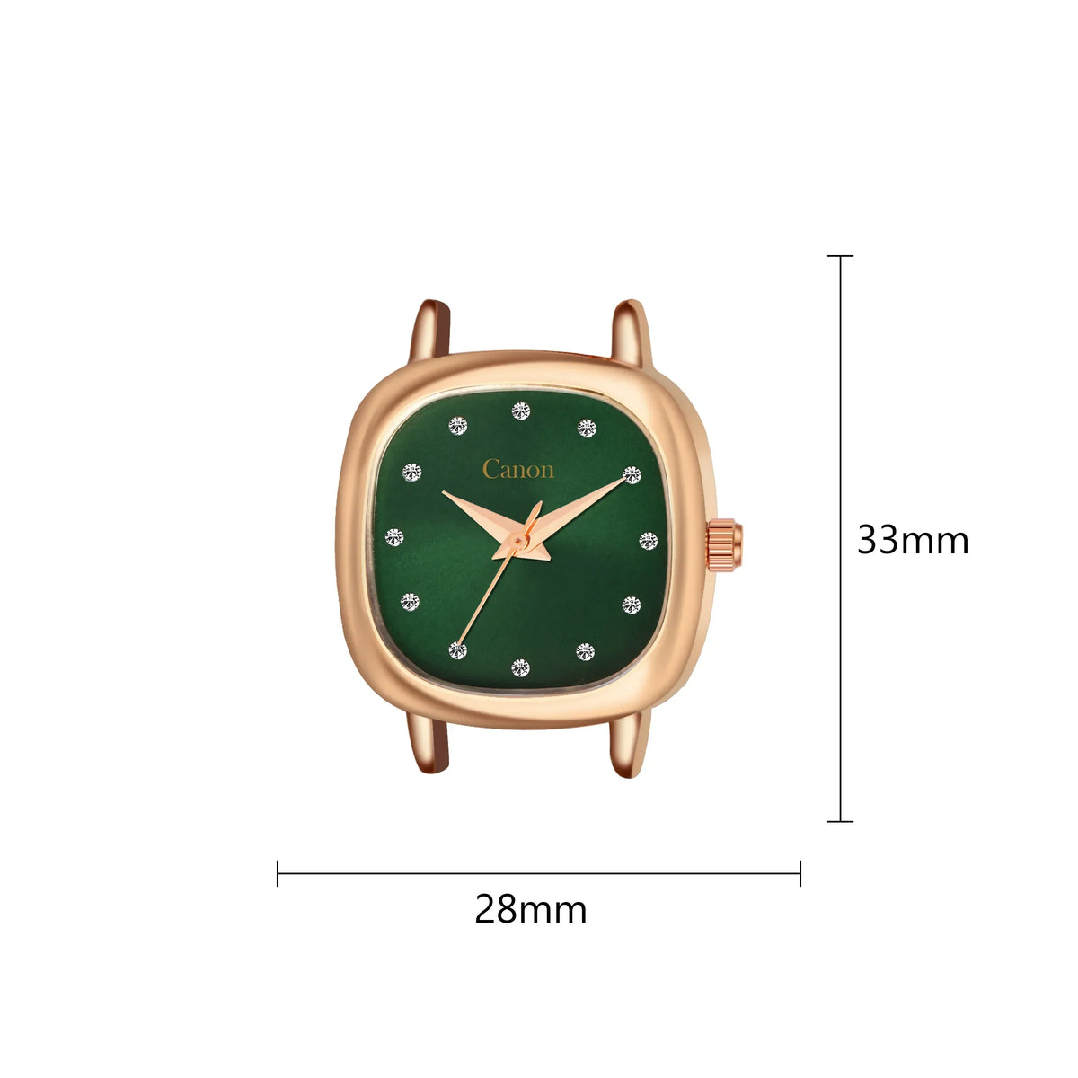 Gold analog watch with green dial, crystal markers, and measurements 33mm by 28mm.