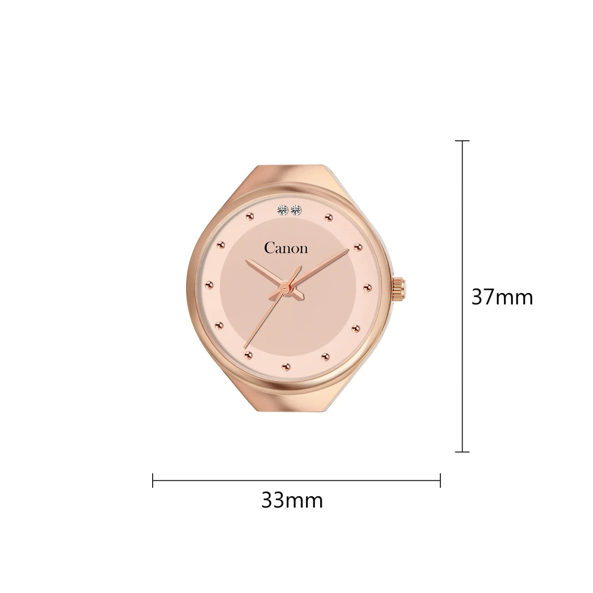 Rose gold analog watch with diamond accents, 37mm case, 33mm width, Canon branding