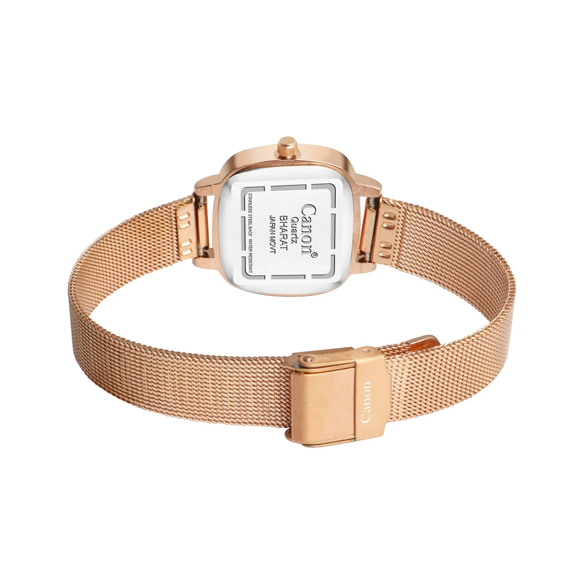 Rose gold mesh band analog watch, back view, stainless steel case, secure clasp
