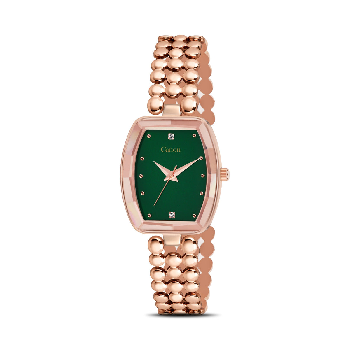 Canon Quartz CN-525 emerald green dial rose gold tonneau watch for women