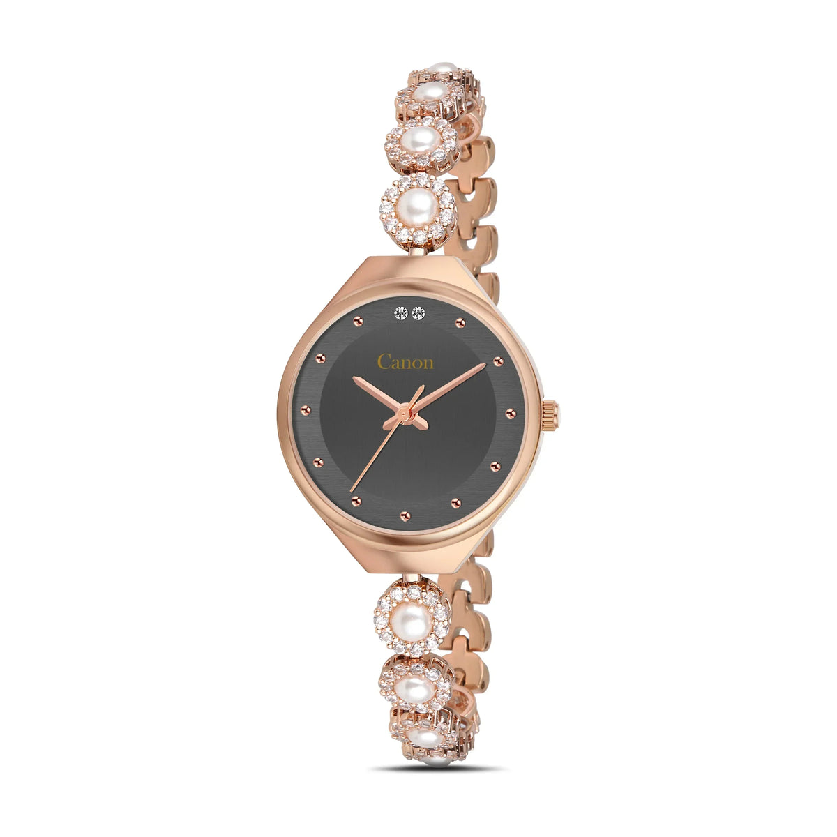 Elegant rose gold watch with pearl & crystal accents, gray dial, and Canon branding
