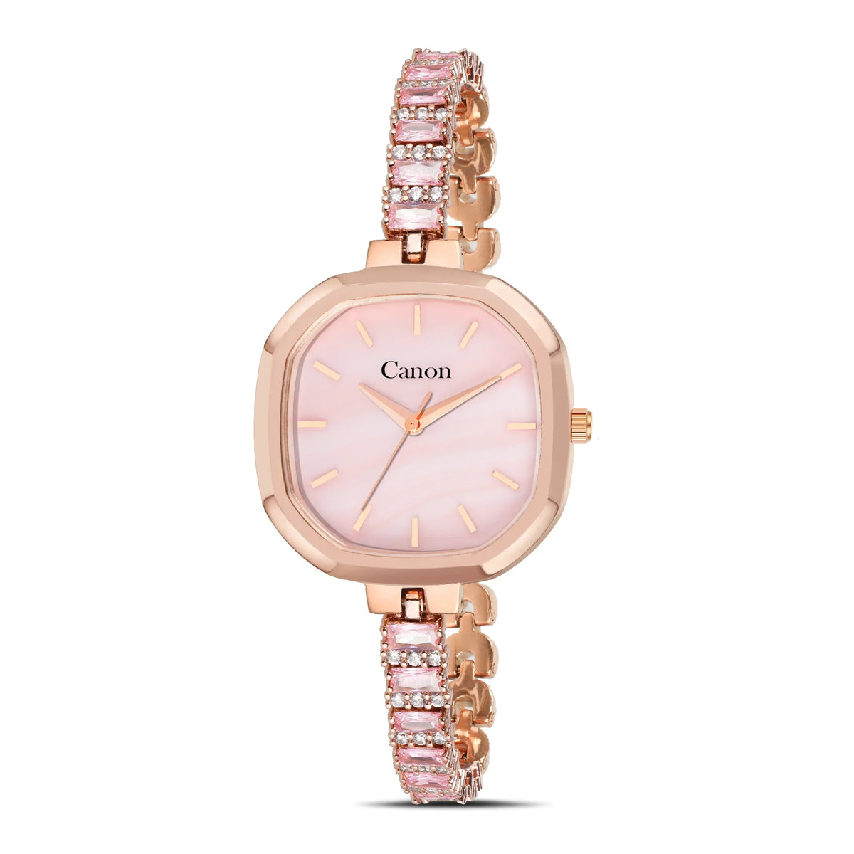 Elegant women's rose gold analog watch with pink gemstone bracelet and pink dial