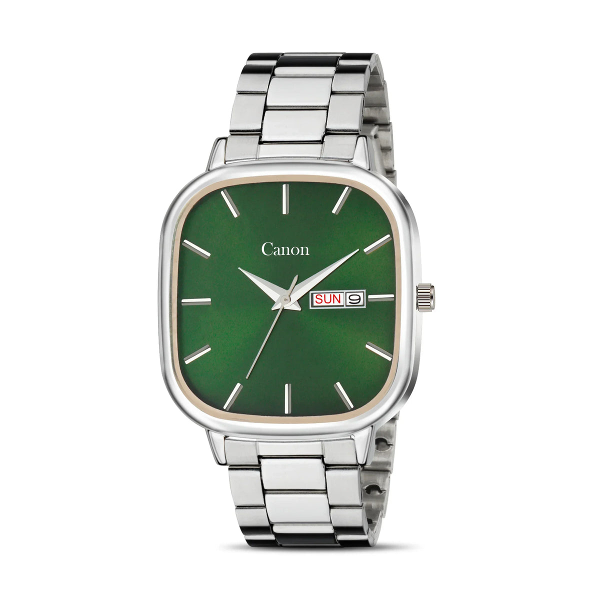 Men's analog wristwatch with green dial, silver stainless steel strap, day-date display