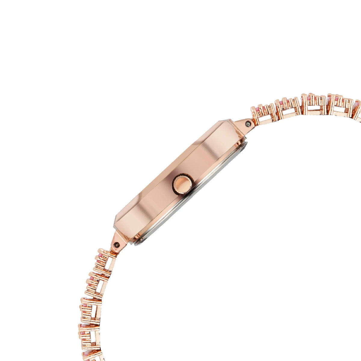 Side profile of a rose gold analog watch with a slim metal link bracelet