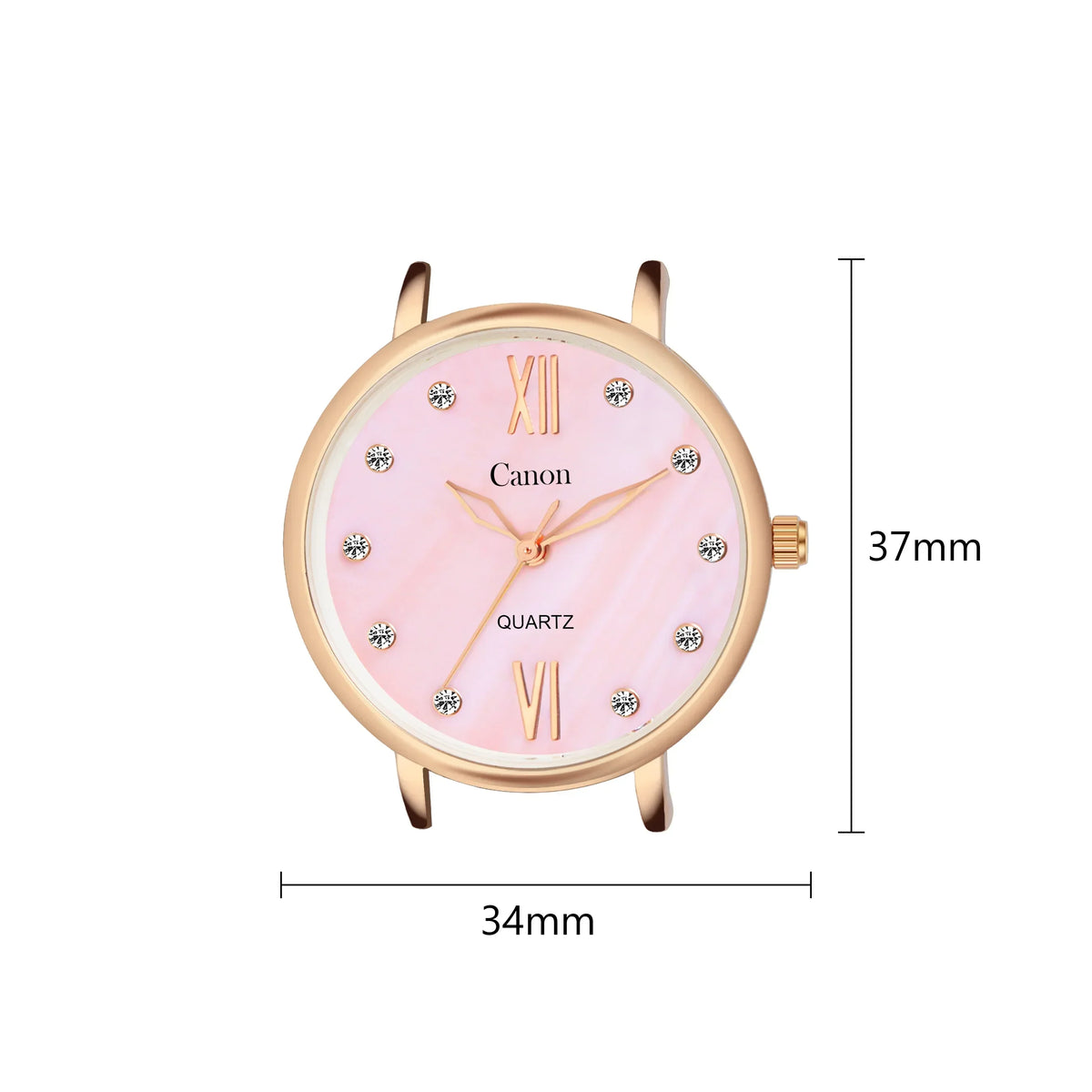 Pink analog watch face with gold case, crystal markers, Roman numerals, 34mm by 37mm size