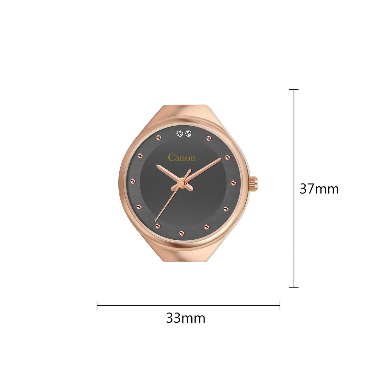 Rose gold analog quartz watch with black dial, 37mm case, diamond markers, Canon logo