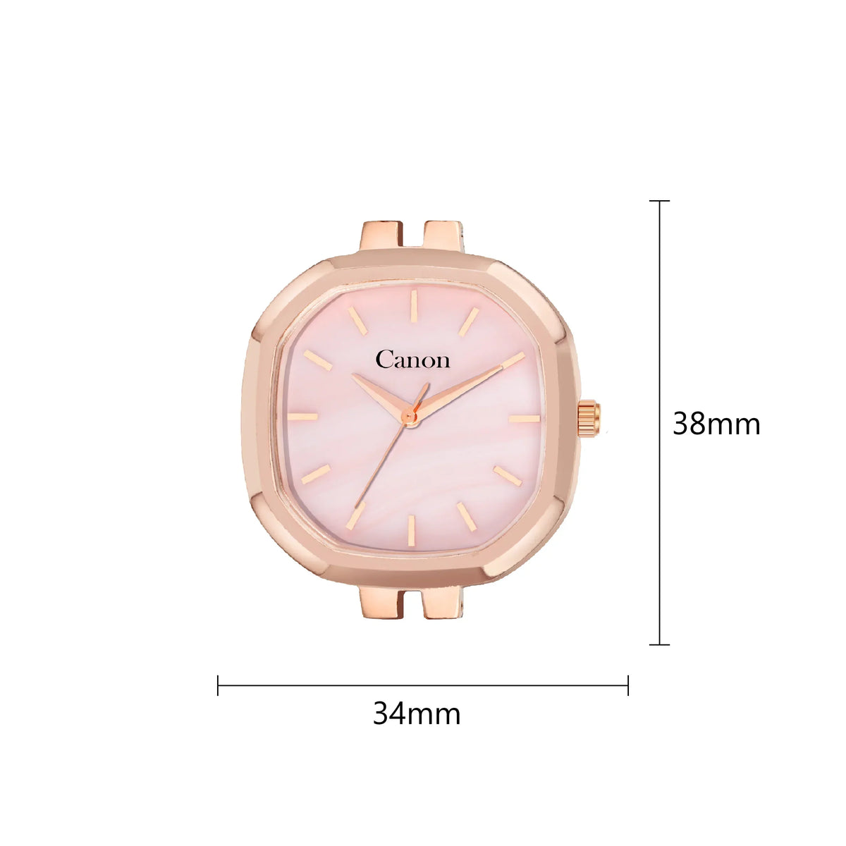 Rose gold analog watch case with pink dial, 34mm width, 38mm height, minimalist design