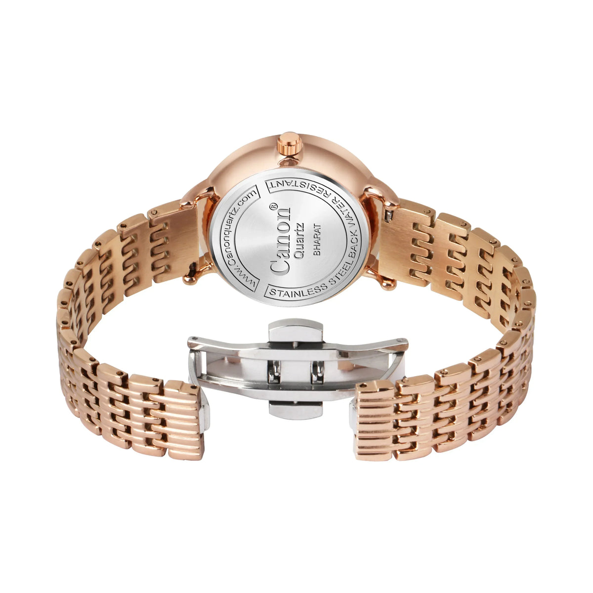 Back view of rose gold stainless steel analog watch with fold-over clasp and engraved case back.