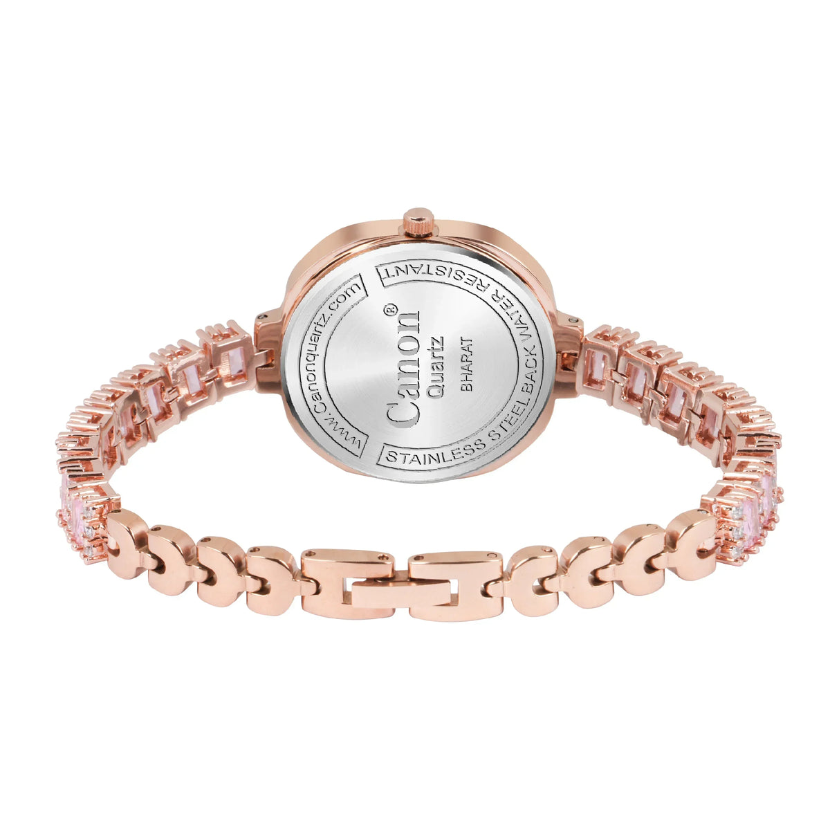 Rose gold analog watch with crystal link bracelet and stainless steel case back