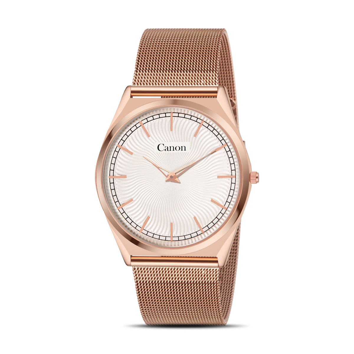 Canon Quartz CN-527 slim white wave dial rose gold mesh watch for men