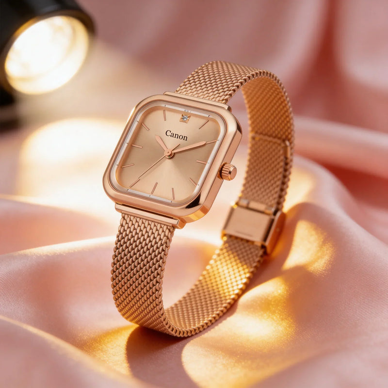 Elegant rose gold analog watch with mesh strap, diamond accent, and classic square face design