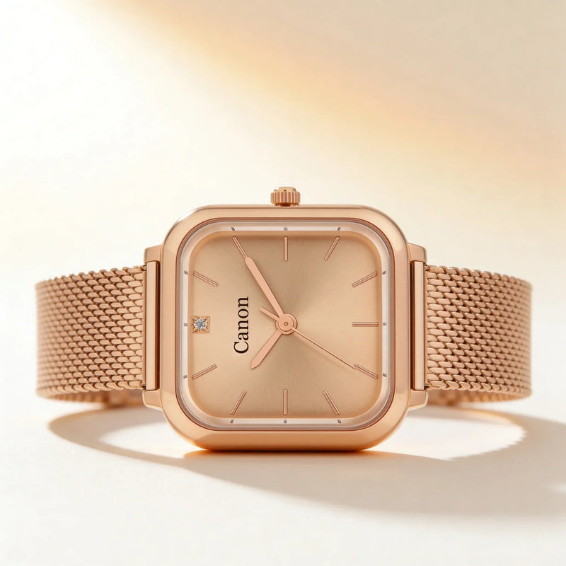 Rose gold square analog watch with mesh band and diamond accent, timeless women's luxury timepiece