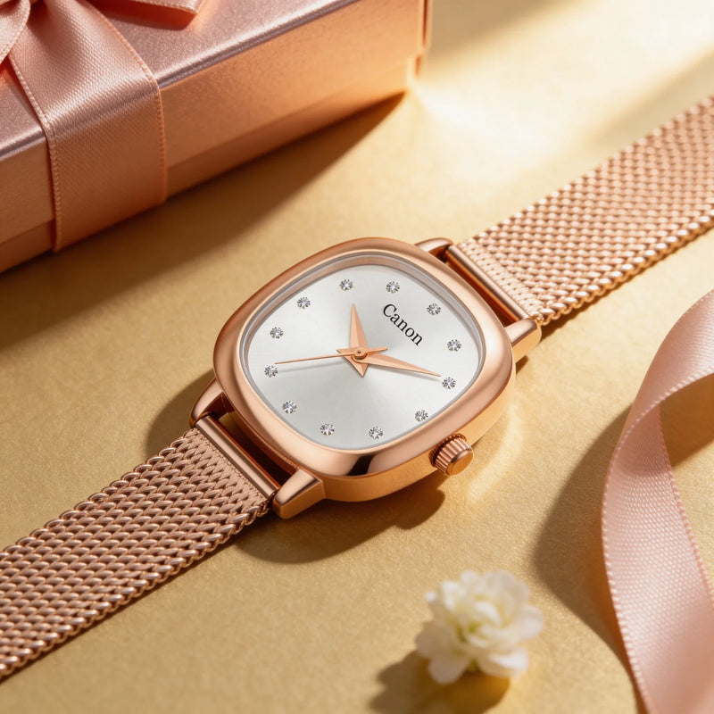Rose gold analog watch with diamond markers, mesh band, and gift box — elegant women's timepiece