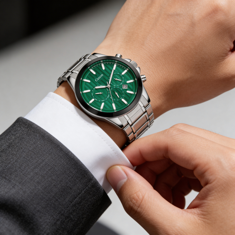 Men's stainless steel analog watch with green dial and chronograph, worn with a suit.