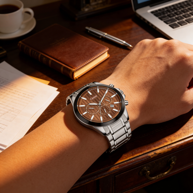 Men's silver analog wristwatch with brown dial, worn at a wooden desk with books and a laptop.