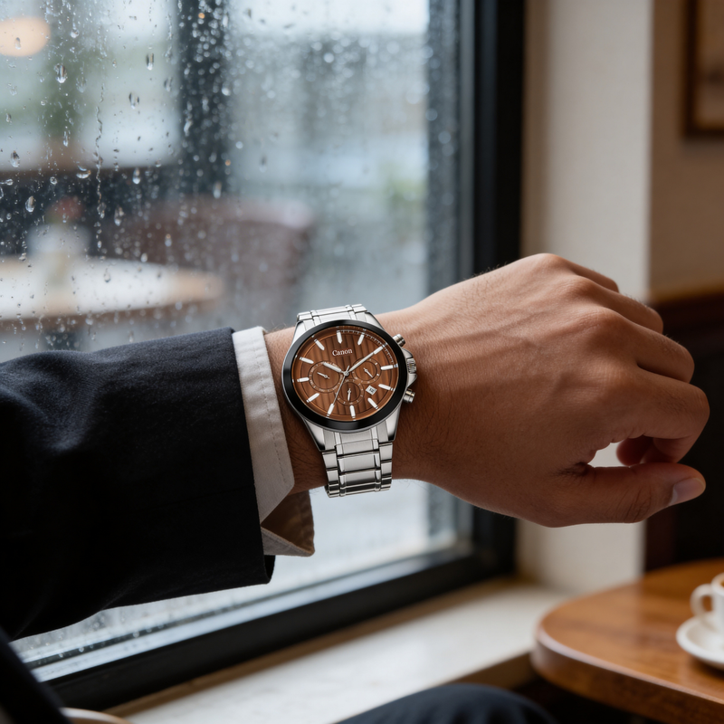 Men's analog wristwatch with brown dial and silver band worn by man in suit near rainy window