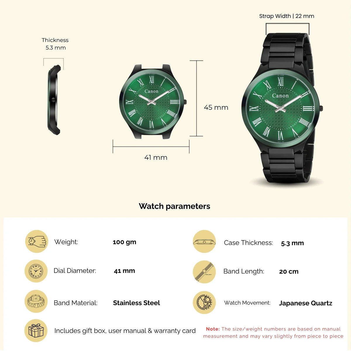Green dial analog watch with black stainless steel band, 41mm case, Japanese quartz movement