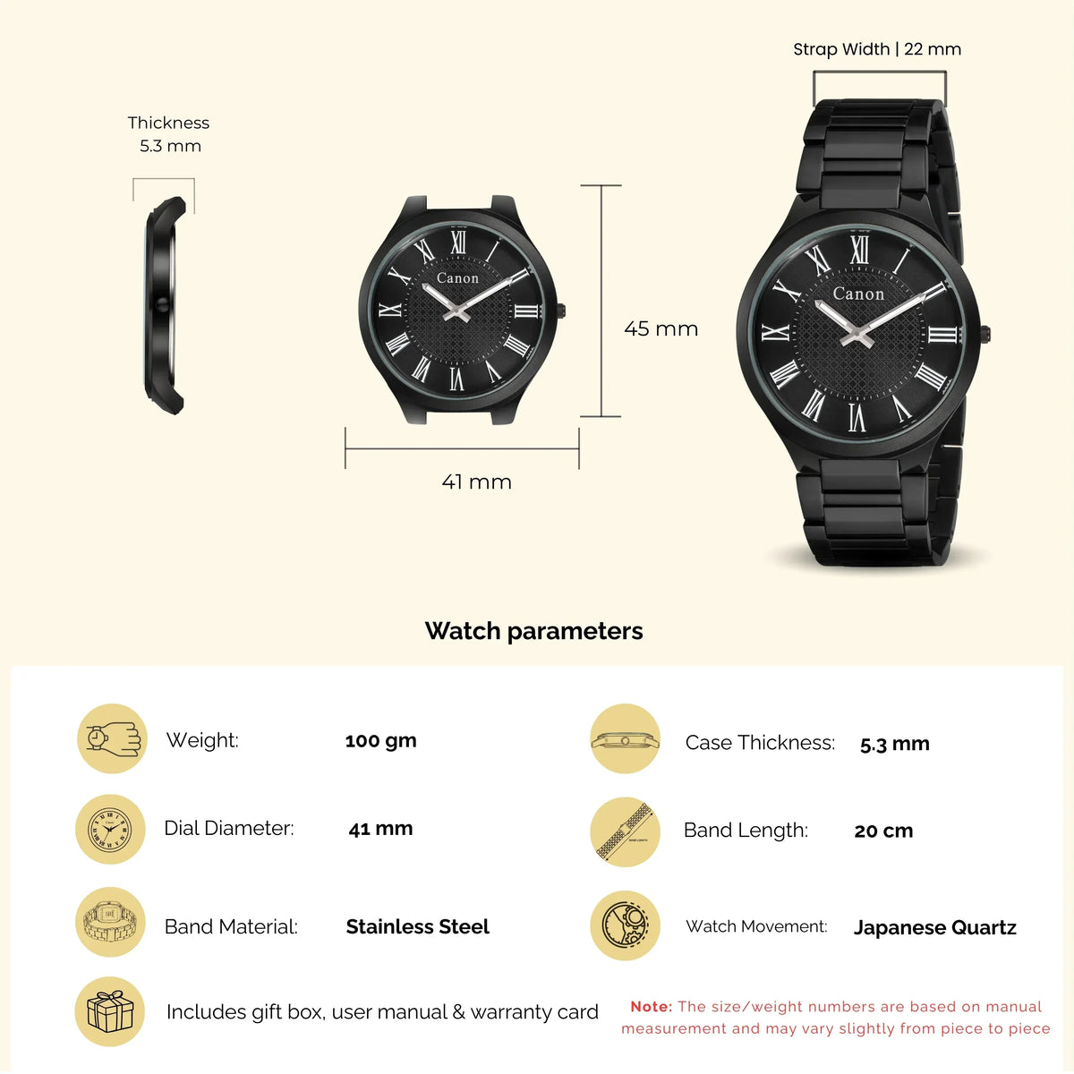 Black analog watch with Roman numerals, stainless steel band, 41mm dial, Japanese Quartz movement