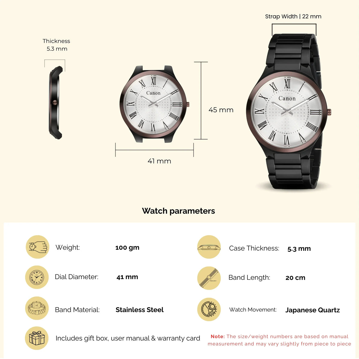 Canon analog quartz watch with stainless steel band, 41mm dial, Roman numerals, Japanese movement, 5.3mm thickness