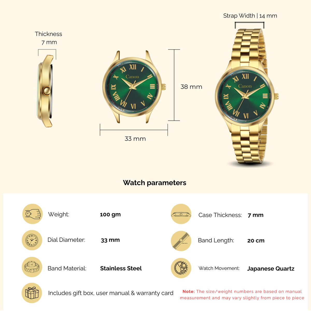 Golden Green Dial with Roman Numerals Watch for Women | Canon Quartz CN-521