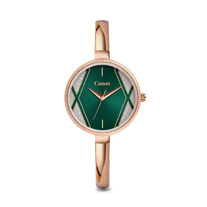 Elegant rose gold watch with green dial and geometric design, perfect for women's classic style