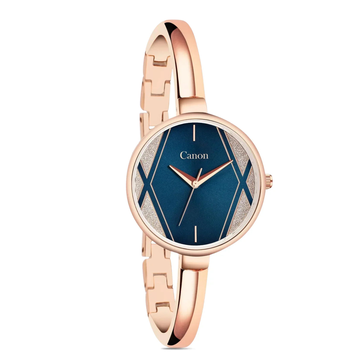 Rose gold analog women's wristwatch with blue geometric dial and elegant bracelet band