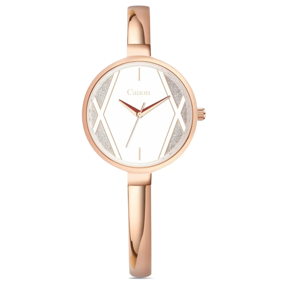 Rose gold analog women's watch with minimalist round face and geometric accents