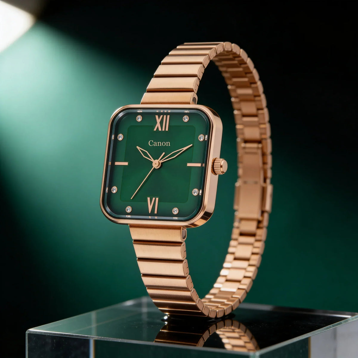 Elegant rose gold watch with green dial, Roman numerals, and crystal markers on a sleek metal band