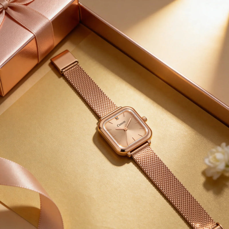 Rose gold analog watch with mesh strap, elegant gift box, perfect for women's timeless style