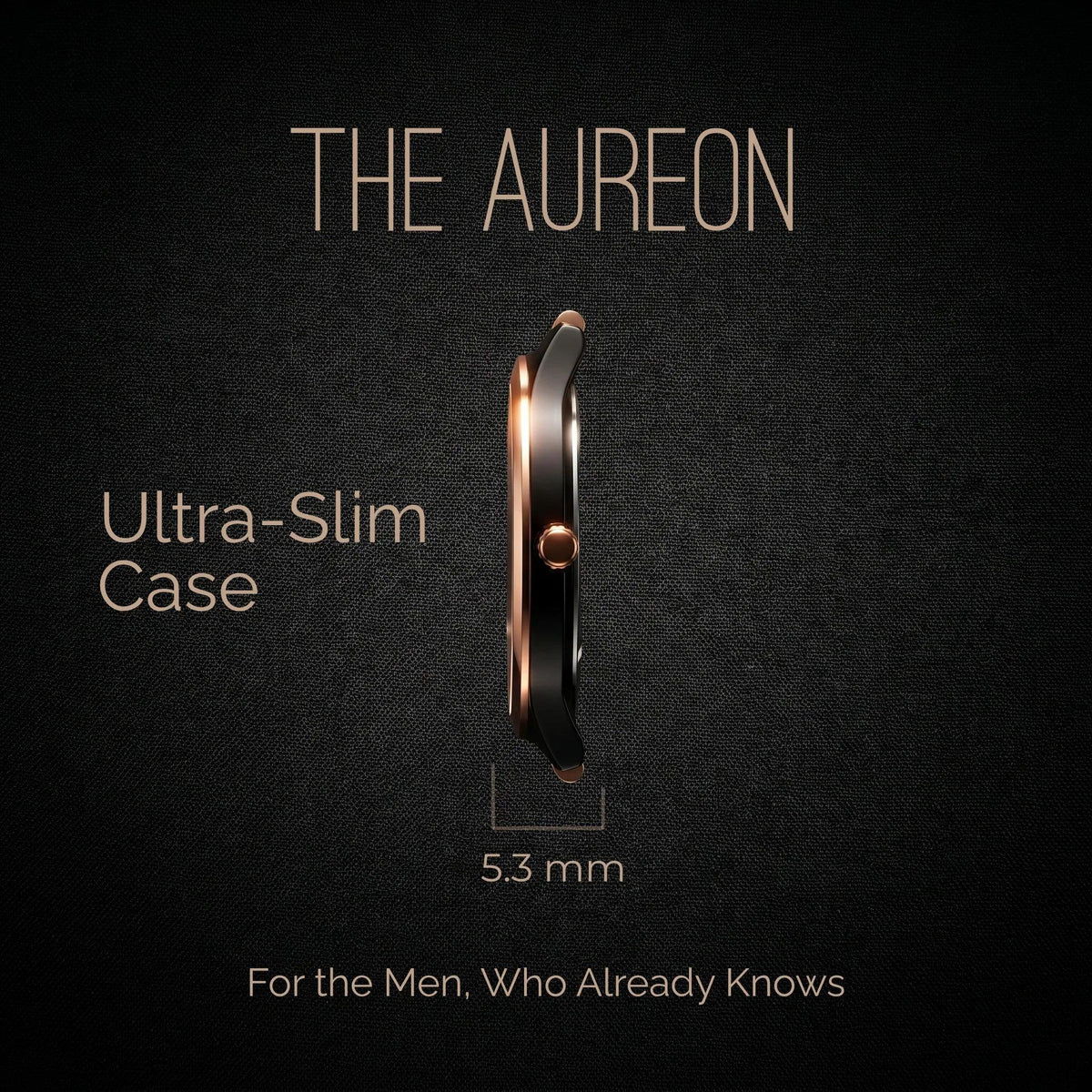 Ultra-slim 5.3mm men's analog watch with rose gold case, sleek black strap, and minimalist design for sophisticated style.