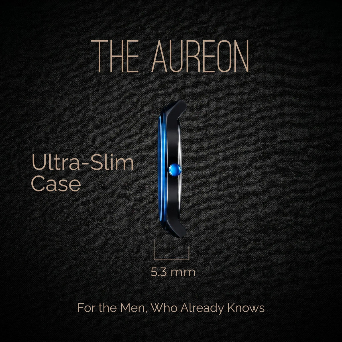 Ultra-slim 5.3mm men's analog quartz watch case, sleek black and blue design for discerning tastes