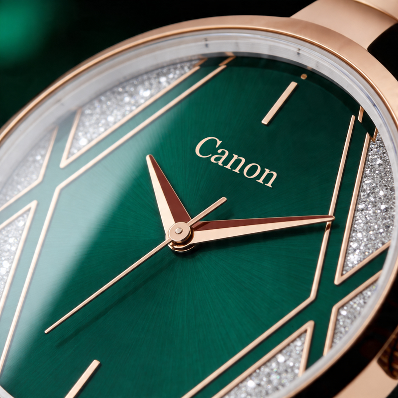 Elegant green analog watch face with gold hands, geometric markers, and silver accents