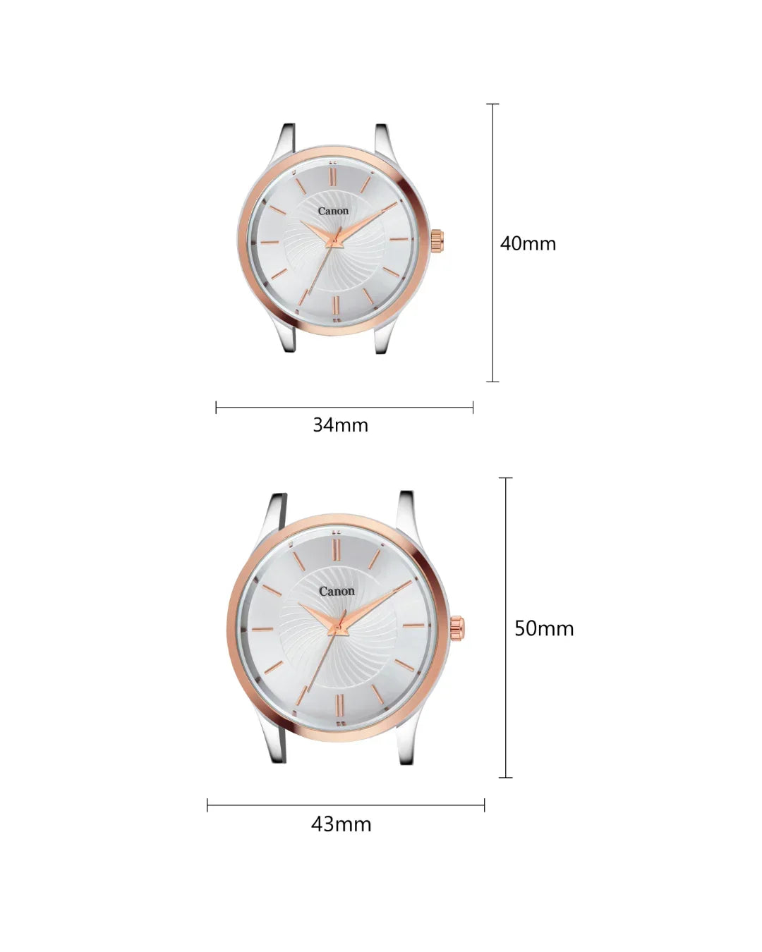 Two analog wristwatch faces in silver and rose gold, with diameter and height measurements